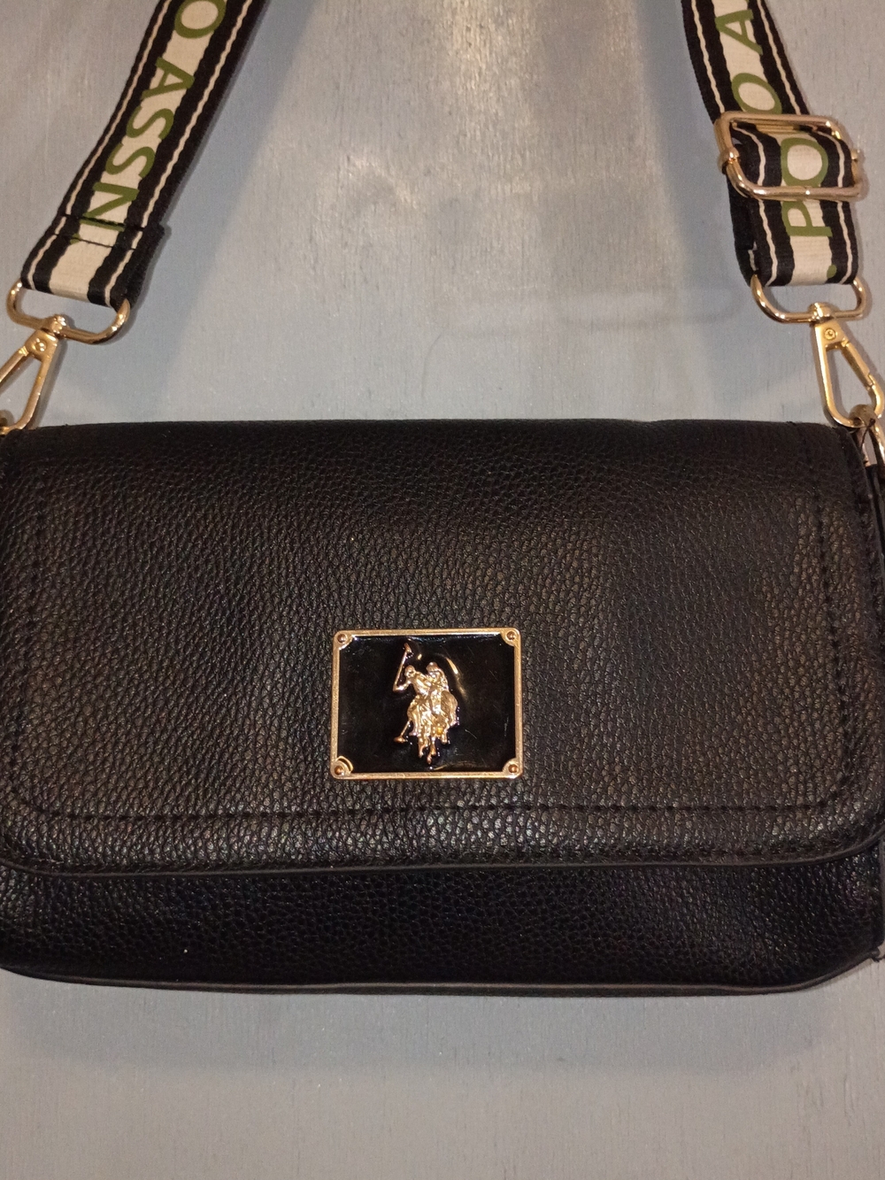U.S. Polo Assn. Black Pebbled Leather Crossbody with Logo Plaque